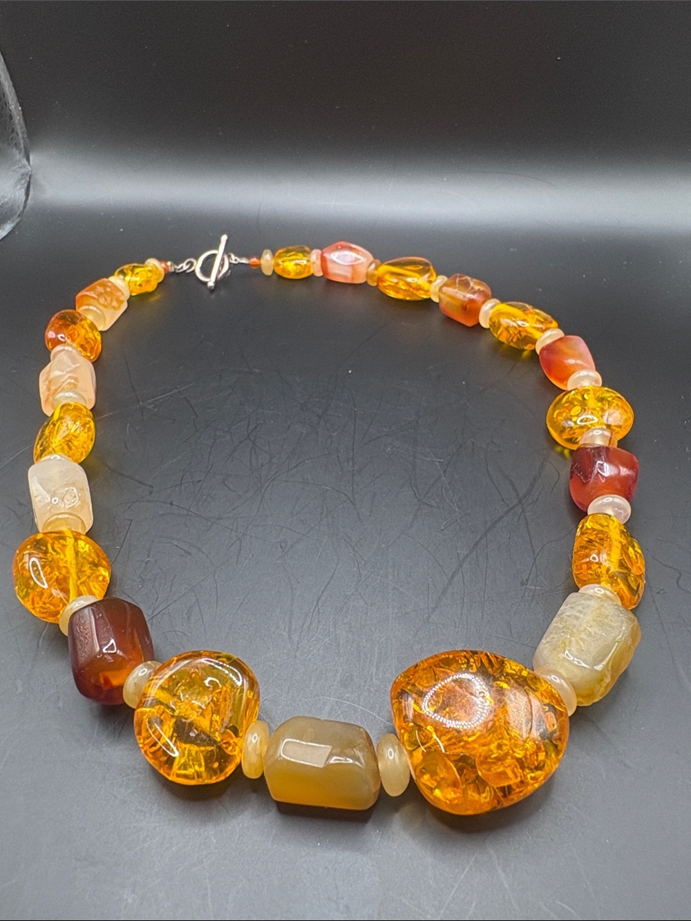Vintage Amber Tone Crackle Glass & Carnelian Agate Statement Bead Necklace - Picture 3 of 5
